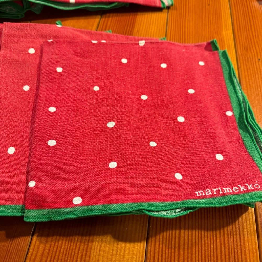 Vintage Marimekko Red and Green Polka Dot Napkins